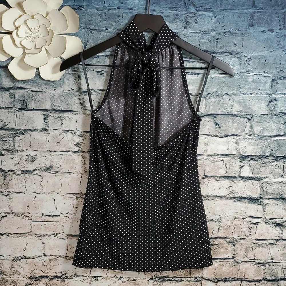 White House Black Market | Retro Rockabilly Black White Polka Dot Halter Top - Picture 5 of 10